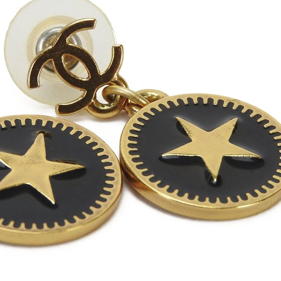 CHANEL Earrings Gold Plated 01P Black Coco Mark Star Swing GP Accessories Wom... - Picture 5 of 8